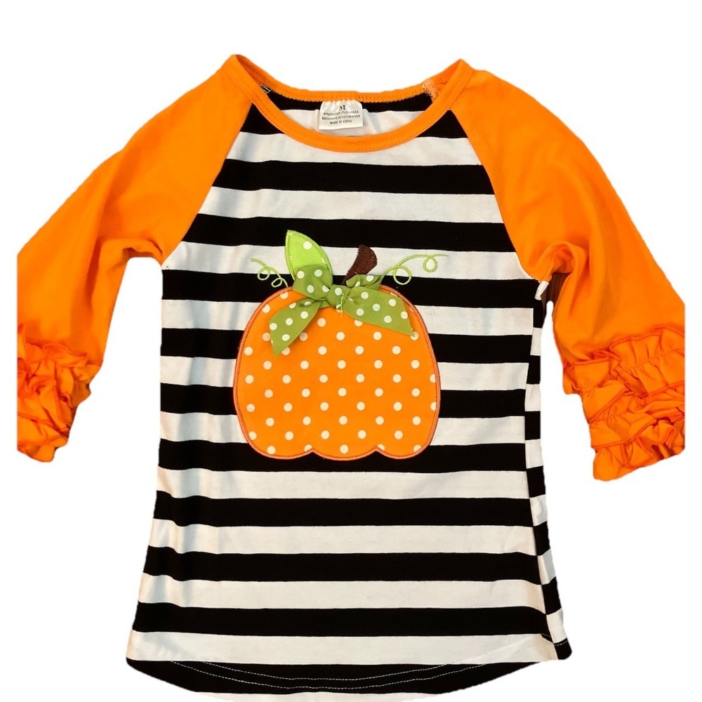 Girls pumpkin shirt Sz med  appliqué Bow Ruffle Halloween Fall